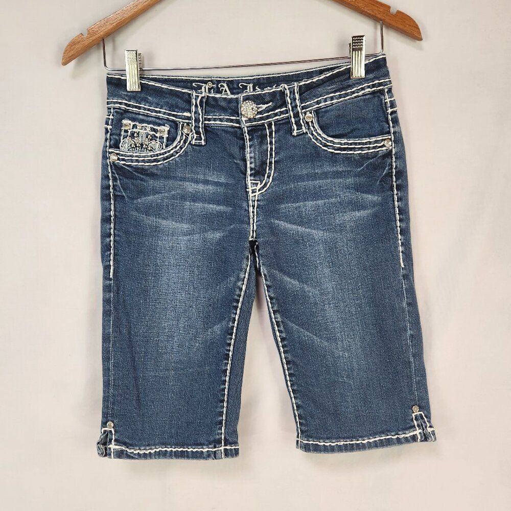 L.A Idol Bermuda Jean Shorts Women 3 Blue Denim Embroidered Studded Low Rise